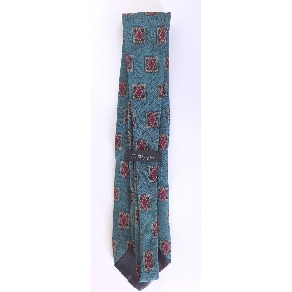 VTG Karl Lagerfeld Silk Tie Teal Blue Burgundy Geometric Diamond Pattern 3.75" - Picture 3 of 5